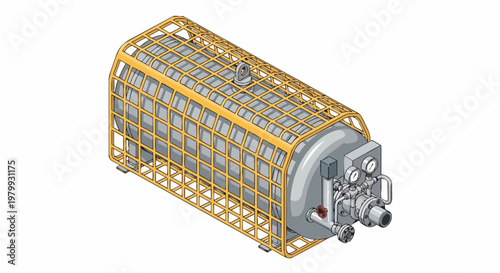 Isometric Industrial Gas Storage Tank in Protective Yellow Cage, Pressure Vessel with Gauges and Valves for Energy, Oil, and Chemical Industries