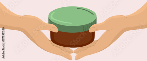 Two hands gently holding a small brown glass cosmetic jar with a green lid, Perfect for natural beauty, handmade salves, and artisanal skincare branding.