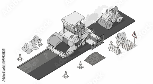Isometric Illustration of Road Construction Scene featuring Asphalt Paver, Steamroller, and Infrastructure Paving Equipment on White Background