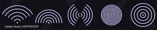 Set of glowing neon wifi signal and wireless radio wave icons on dark background for communication technology and internet connection icons