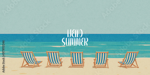 Abstract summer minimal horizontal poster, cover, banner, card with bright sea, blue sky and striped beach chairs. Summer holidays, journey, vacation travel illustration.