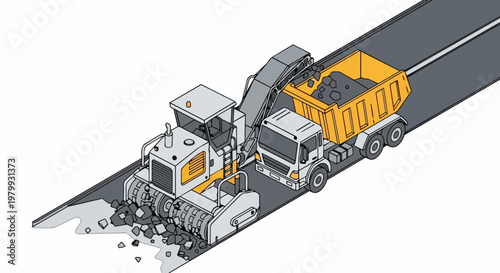 Isometric Illustration of a Cold Milling Machine Removing Asphalt and Loading a Dump Truck for Road Construction
