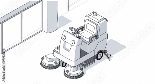 Isometric Ride-on Industrial Floor Scrubber Machine Illustration. Professional Janitorial Equipment for Commercial Floor Cleaning and Maintenance.