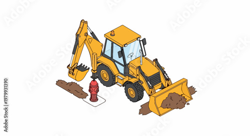 Isometric Yellow Backhoe Loader Digging Near Red Fire Hydrant on White Background, Heavy Construction Machinery and Utility Repair Concept Illustration
