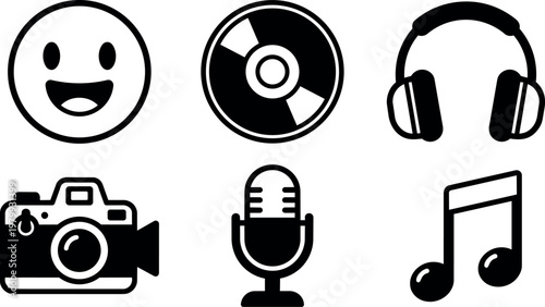 Black and white vector music icons including camera microphone headphones and smiley face