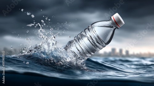 Water bottle splashes in urban water surface during weather event