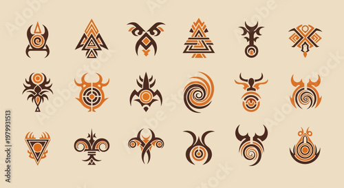 Collection of tribal geometric abstract symbols in brown and orange hues