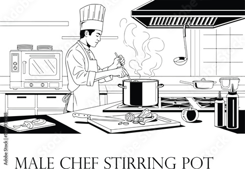 A funny cartoon businessman boss acts as a chef in the office kitchen, wielding a knife with comic humor for a food and nutrition gag