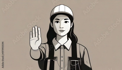 Woman construction worker signaling stop with hand.
