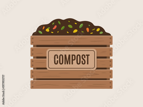 Simple of a wooden compost bin filled with organic and labeled compost garden waste