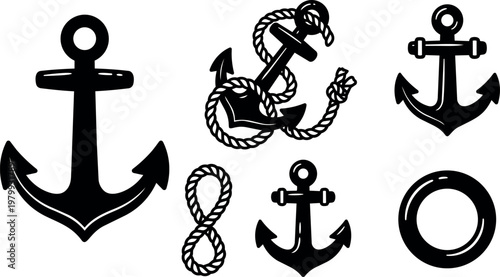 Black anchor icons with rope and lifebuoy vector art set