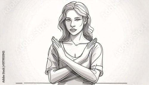 Young Woman with Crossed Arms in Sketch Style.