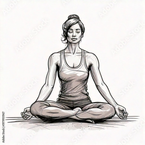 Woman Meditating in Lotus Pose Sketch Style.