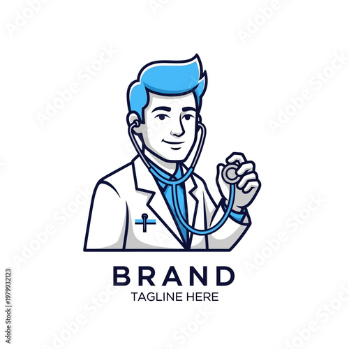 Friendly Male Doctor with Stethoscope Logo Design.
