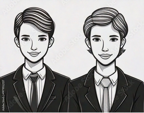 Two young men in suits smiling confidently together.