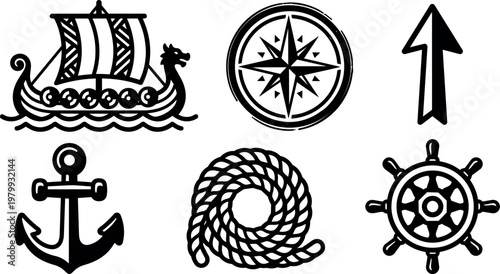 Black and white viking ship compass anchor rope and ship wheel vector art