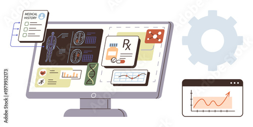 Digital health, patient care, medical technology, telemedicine, diagnostics, data analysis. Computer screen displaying medical history, prescriptions diagnostic scans. Digital health and patient
