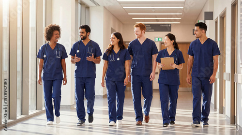 Diverse team of young healthcare workers smiling and walking together in hospital corridor wearing scrubs