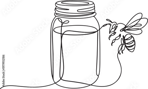 Bee and Glass canning jar with honey in continuous line art drawing style. Food preserve. Continuous one line drawing of honey glass jars. Sweet pure honey. one line Icon drawing