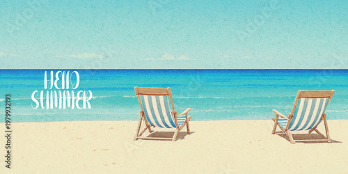 Abstract summer minimal horizontal poster, cover, banner, card with bright sea, blue sky and striped beach chairs. Summer holidays, journey, vacation travel illustration.