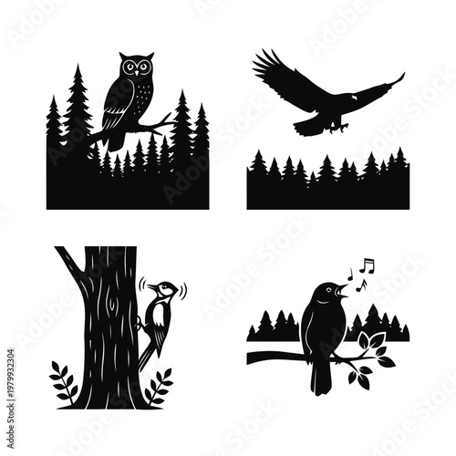 Collection of black silhouette illustrations featuring forest birds like an owl, eagle, woodpecker, and a singing bird in woodland scenes, ideal for nature and wildlife themed designs.