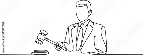 Lawyer Continuous one line drawing. People professional profession with hammer judge. Law and justice concept. one line Icon drawing