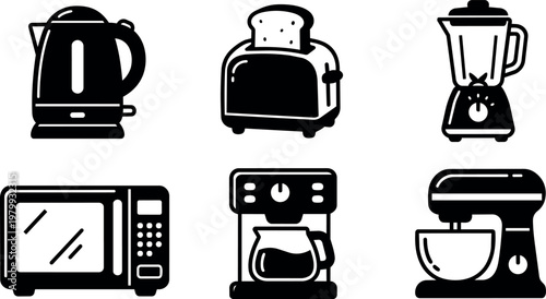 Black and white kitchen appliance icons kettle toaster blender microwave coffee maker stand mixer