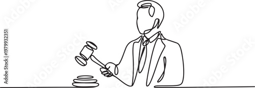 Lawyer Continuous one line drawing. People professional profession with hammer judge. Law and justice concept. one line Icon drawing