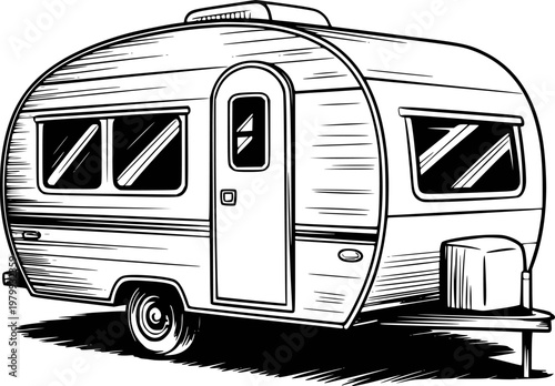 Vintage travel trailer with retro style and black outline white background caravan