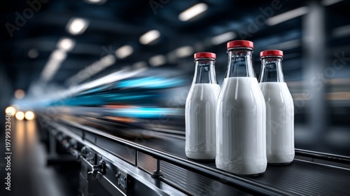 Freshly bottled milk sits on a conveyor belt in a bustling dairy processing plant, showcasing modern industry