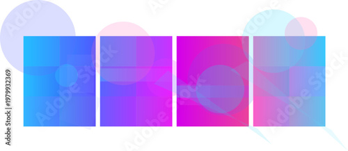 Four abstract square panels displaying vibrant color gradients from blue to pink and purple, with soft, translucent circular overlays, set against a clean white background.