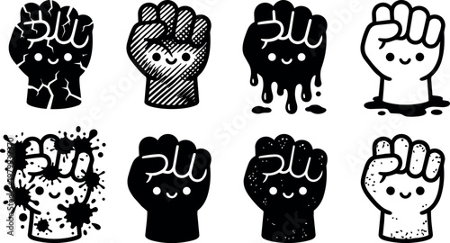 Black and white cartoon raised fists with cracked and splattered texture icon set