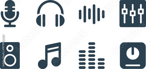 Collection of simple dark music and audio equipment icons for professional sound production and media interface