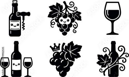 Black grape clusters and wine bottle with glass vector art set