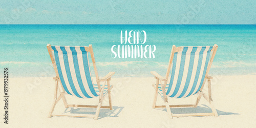 Abstract summer minimal horizontal poster, cover, banner, card with bright sea, blue sky and striped beach chairs. Summer holidays, journey, vacation travel illustration.