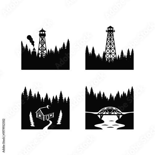 Black and white forest landscape illustrations featuring a fire lookout tower, a rustic cabin, and a bridge over a river, ideal for outdoor and nature themed designs.