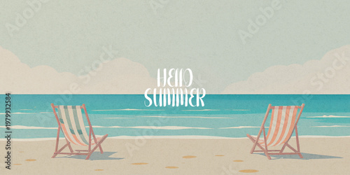 Abstract summer minimal horizontal poster, cover, banner, card with bright sea, blue sky and striped beach chairs. Summer holidays, journey, vacation travel illustration.