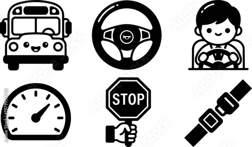 Black and white school bus driver steering wheel speedometer and safety icons vector art