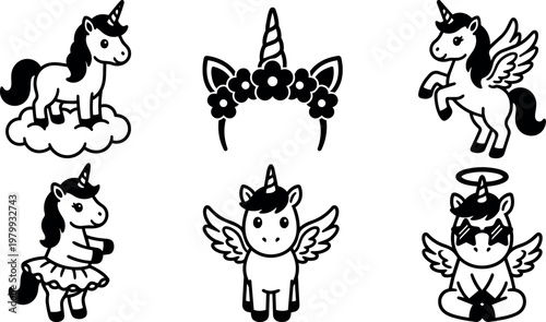 Black and white cute unicorn characters with wings and floral horn accessories