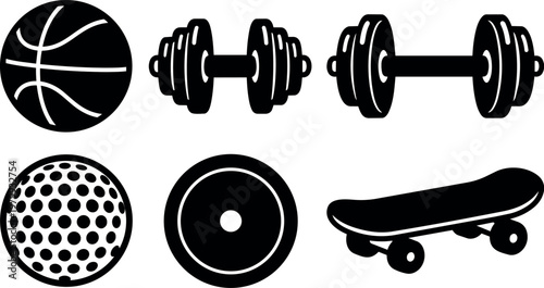 Basketball dumbbells golf ball weight plate and skateboard icons