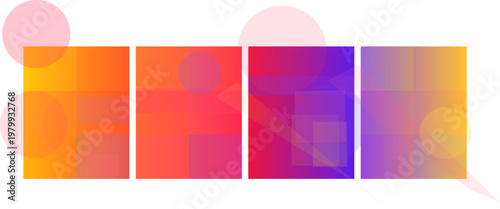 Abstract digital art featuring a sequence of four square panels with vibrant color gradients and overlaid translucent geometric shapes, creating a modern and dynamic visual composition.