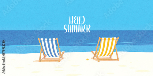 Abstract summer minimal horizontal poster, cover, banner, card with bright sea, blue sky and striped beach chairs. Summer holidays, journey, vacation travel illustration.