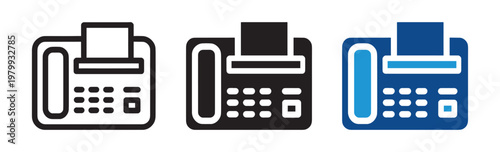 Fax machine icon set office communication device symbols in outline and solid style vector illustration collection