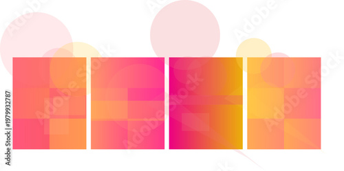 Abstract background with four rectangular blocks displaying vibrant pink, orange, and yellow color gradients, complemented by soft, translucent circular bokeh elements.