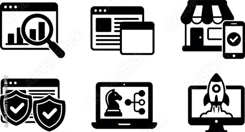 Black and white business and technology icon set with magnifying glass store shield laptop and rocket