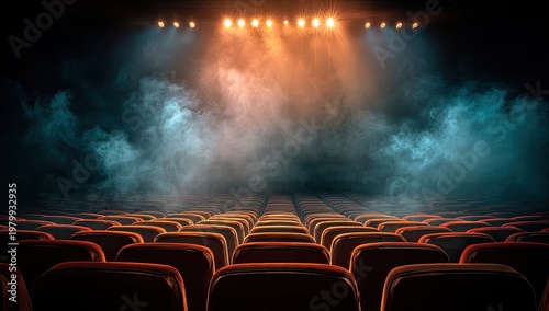 Empty Theater Auditorium Stage with Dramatic Lighting and Smoke Effects.