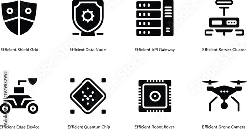 Collection of modern black icons representing various advanced technology components for information systems and robotic hardware