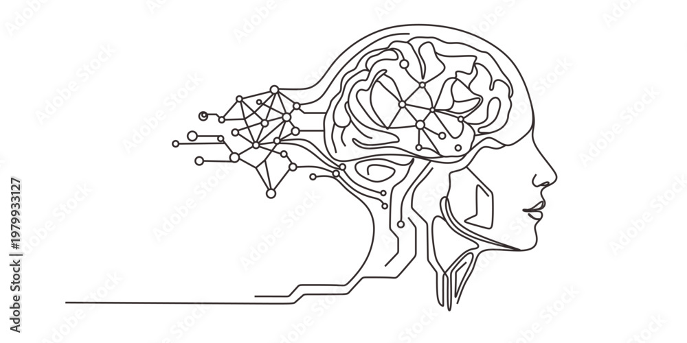 Naklejka premium Continuous line drawing head artificial intelligence technology robot brain. Vector illustration isolated on white.