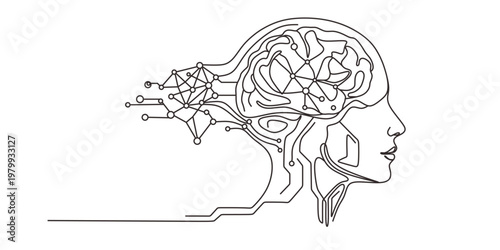 Continuous line drawing head artificial intelligence technology robot brain. Vector illustration isolated on white.