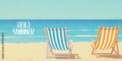 Abstract summer minimal horizontal poster, cover, banner, card with bright sea, blue sky and striped beach chairs. Summer holidays, journey, vacation travel illustration.